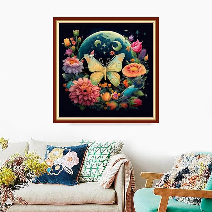 Foxdiviy Stamped Cross Stitch Kits Full Range of Embroidery Needlework Starter Kits for Beginners Adults 11CT Embroidery Patterns Art Crafts DIY Needlepoint Kits-Butterfly Moon 18x18 inch