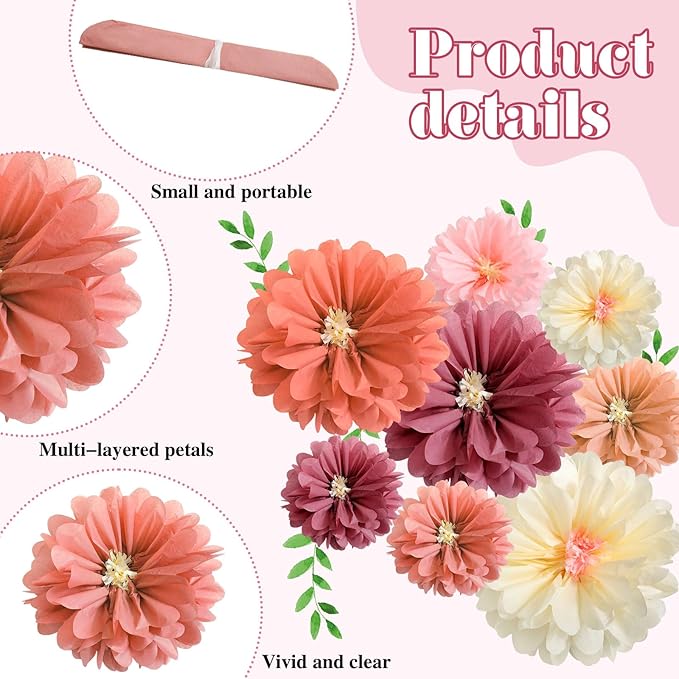 12 Pcs 10" 20" Giant Mexican Fiesta Paper Flowers Colorful Tissue Crepe Flowers Pom Poms Craft for Floral Party Backdrop Wedding Birthday Party (Dusty Color)