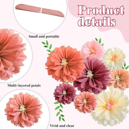 12 Pcs 10" 20" Giant Mexican Fiesta Paper Flowers Colorful Tissue Crepe Flowers Pom Poms Craft for Floral Party Backdrop Wedding Birthday Party (Dusty Color)