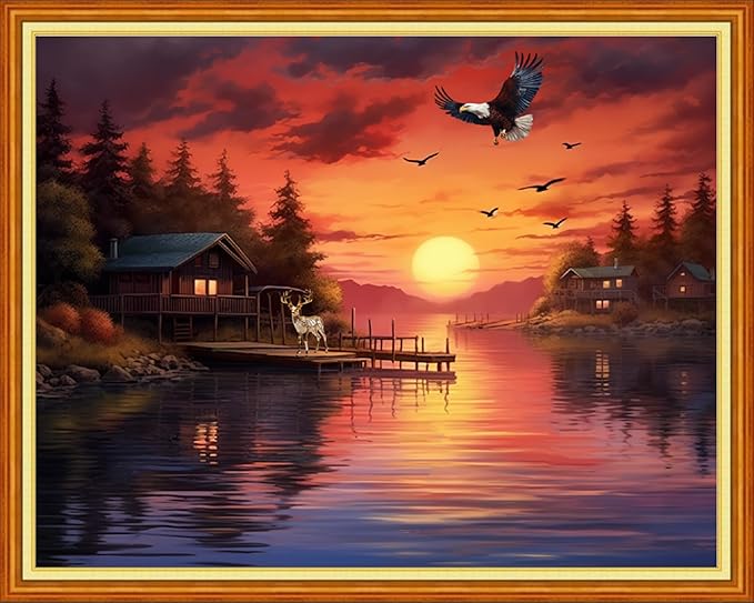 Dimensean Stamped Cross Stitch Kits Full Range of Embroidery Patterns Starter Kits for Beginners Adult DIY Cross Stitches Needlepoint Kits 11CT-Sunrise Eagle by The Lake 16x20 inch