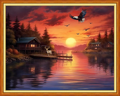Dimensean Stamped Cross Stitch Kits Full Range of Embroidery Patterns Starter Kits for Beginners Adult DIY Cross Stitches Needlepoint Kits 11CT-Sunrise Eagle by The Lake 16x20 inch