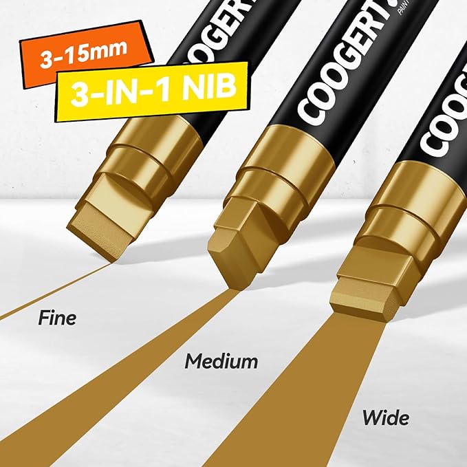 Coogert 3Pcs Gold Jumbo Poster Markers, 15MM Thick Permanent Acrylic Graffiti Markers, Wide Tip Paint Marker for Canvas, Posters Board, Fabric, Window, Glass, Wood, Teachers,Banner painting supplies