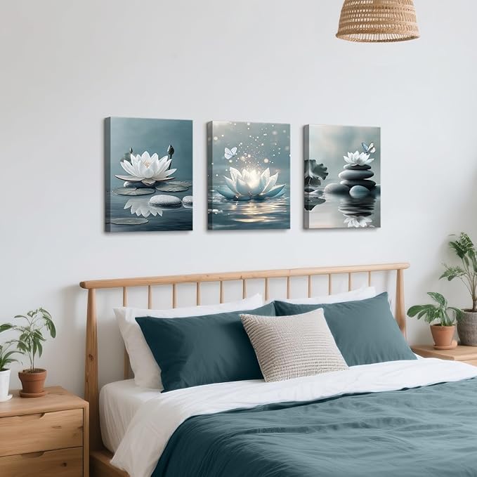 WENGTIAO 3Pcs Zen Stones Canvas Wall Art Prints Calm White Lotus Floral Bloom in Water Pictures Posters Butterfly Paintings Spiritual Meditation Artwork for Spa Yoga Living Room Bedroom Office 12x16x3