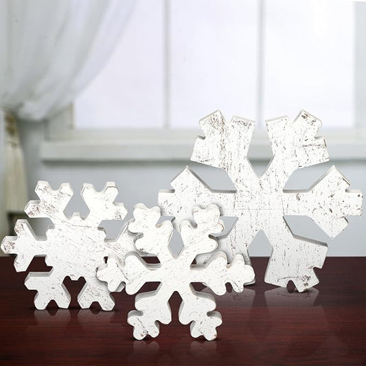Bucherry 3 Pcs Winter Wooden Snowflake Decor Rustic Winter Snowflake Table Signs Wonderland Wood Blocks Farmhouse Christmas Tiered Tray Decorations for Xmas Table Shelf(Classic White)