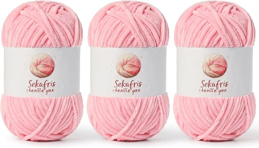 3 Pack Pink Chunky Chenille Yarn for Crocheting, Bulky Velvet Yarns for Crochet, Baby Yarn for Crocheting Soft Blanket, 393 yds/10.5 oz Fluffy Amigurumi Crochet Yarn