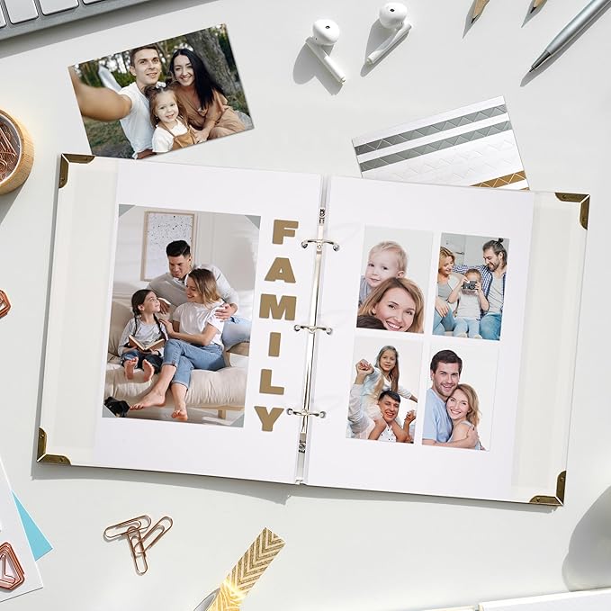 Scrapbook Album 8" x 10" DIY Scrapbook Photo Album Hardcover Kraft Paper 3 Rings Memory Book for Wedding, Anniversary, Travel, Family, White