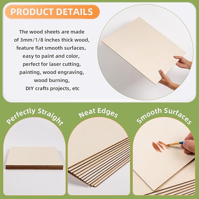 AWIZOM 12 Pack Basswood Sheets for Crafts-18 x 18 x 1/8 Inch- 3mm Thick Plywood Sheets with Smooth Surfaces Unfinished Wood Boards for Laser Cutting, Wood Burning, Architectural Models, Staining