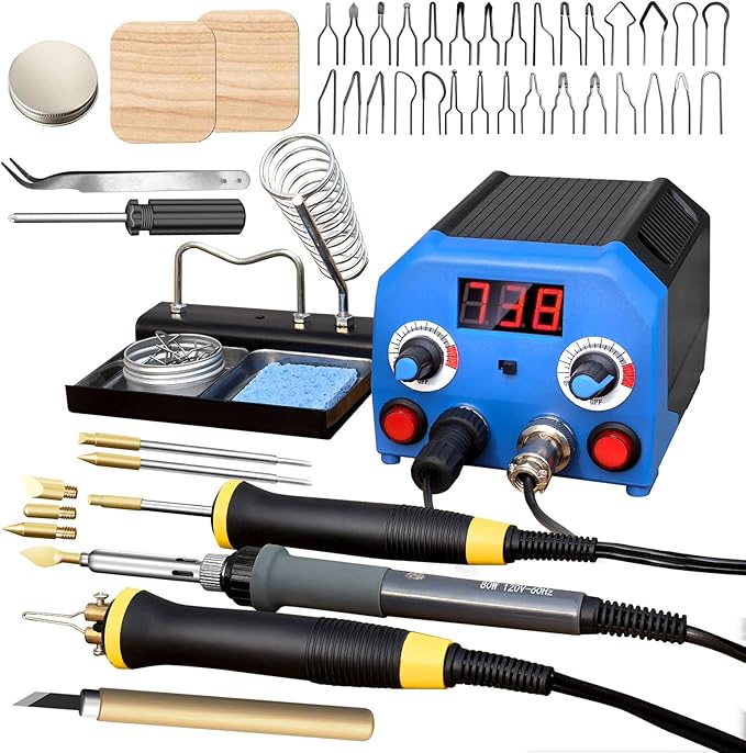 FIRElood LH55-3-3 Wood Burner kit Wood Burning Tool Pen 200~750℃, Wood Burning kit with Digital Thermometer Temperature Adjustable Temperature 3 pyrographic Wood Burning pens 37 Wood Burning Pen Tips