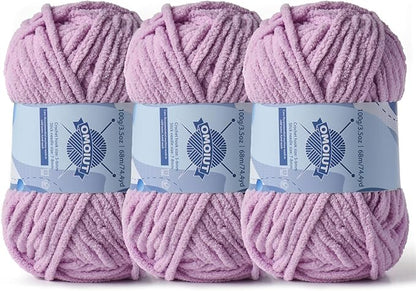 Chunky Chenille Yarn for Crocheting，Baby Yarn for Crocheting Soft Blankets，Bulky Yarns for Crochet Amigurumi，3×100g (3×74.3yds) Fluffy Velvet Yarns for Hand Knitting (3 Light Purple)