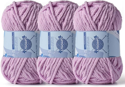 Chunky Chenille Yarn for Crocheting，Baby Yarn for Crocheting Soft Blankets，Bulky Yarns for Crochet Amigurumi，3×100g (3×74.3yds) Fluffy Velvet Yarns for Hand Knitting (3 Light Purple)