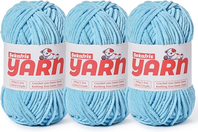 3 Pack Plush Chunky Chenille Yarn for Crocheting, Soft Fluffy Velvet Yarn for Crocheting, Fuzzy Baby Blanket Knitting Yarns, 300g/393yds Bulky Amigurumi Yarns（3 Azure Blue）