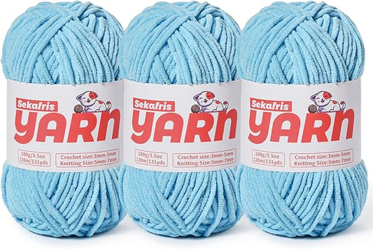 3 Pack Plush Chunky Chenille Yarn for Crocheting, Soft Fluffy Velvet Yarn for Crocheting, Fuzzy Baby Blanket Knitting Yarns, 300g/393yds Bulky Amigurumi Yarns（3 Azure Blue）