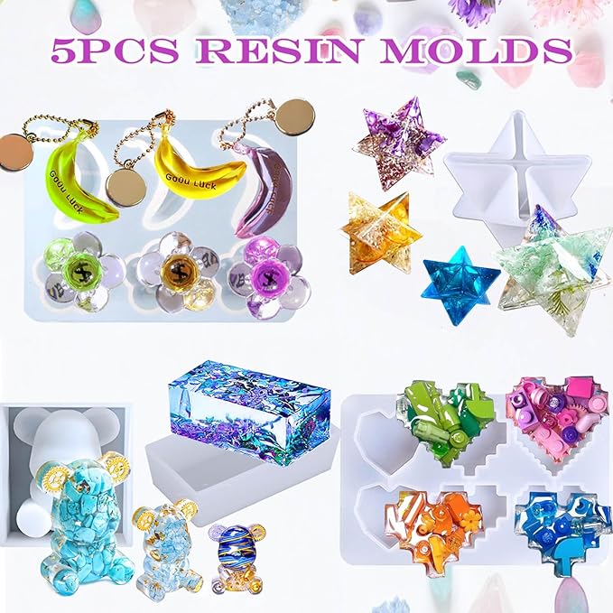 JILLSKY Epoxy Resin Kit 16oz with Molds & Storage Box, Fast Cure Clear Casting Resin for Jewelry Making, Keychains, Coasters, and DIY Crafts with Pigments & Glitter