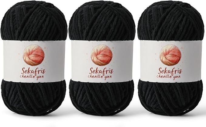 3 Pack Black Chunky Chenille Yarn for Crocheting, Bulky Velvet Yarns for Crochet, Baby Yarn for Crocheting Soft Blanket, 393 yds/10.5 oz Fluffy Amigurumi Crochet Yarn