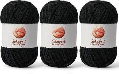 3 Pack Black Chunky Chenille Yarn for Crocheting, Bulky Velvet Yarns for Crochet, Baby Yarn for Crocheting Soft Blanket, 393 yds/10.5 oz Fluffy Amigurumi Crochet Yarn