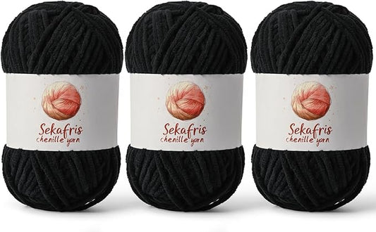 3 Pack Black Chunky Chenille Yarn for Crocheting, Bulky Velvet Yarns for Crochet, Baby Yarn for Crocheting Soft Blanket, 393 yds/10.5 oz Fluffy Amigurumi Crochet Yarn