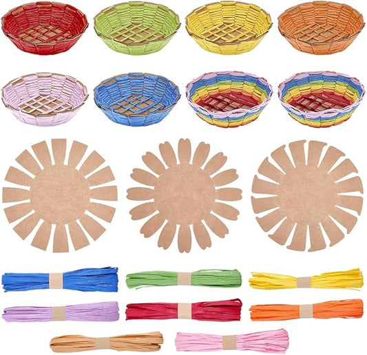 WADORN 15 Sets Basket Weaving Craft Kit for Beginners, Creative Woven Bowl DIY Making Kits 7.4 Inch Plastic Base and 175 Yards 8 Colors Paper Ribbon for Easter Eggs Small Parts Candy Cookies Crafts