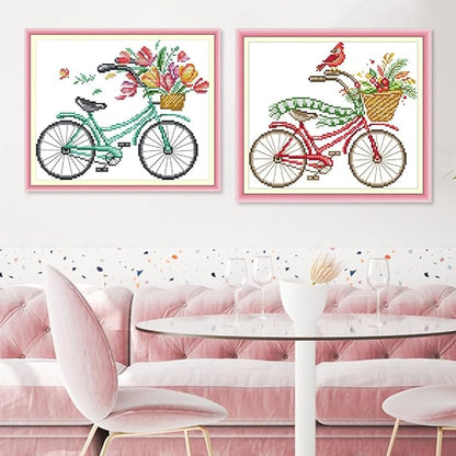 Qeerysew Cross Stitch Kits Stamped Full Range of Embroidery Starter Kits for Beginners DIY-Printed Kits Romantic Bike (Winter)(Printed) 13.8x11inches
