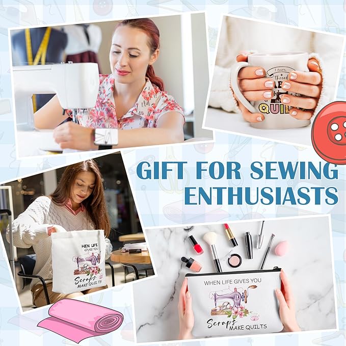 Baderke 6 Pcs Sewing Gifts for Seamstress Include Canvas Bag Cosmetic Bag 11 oz Coffee Mug Bookmark Socks and Pin Cushion for Quilters Sewing Lovers Christmas Gift