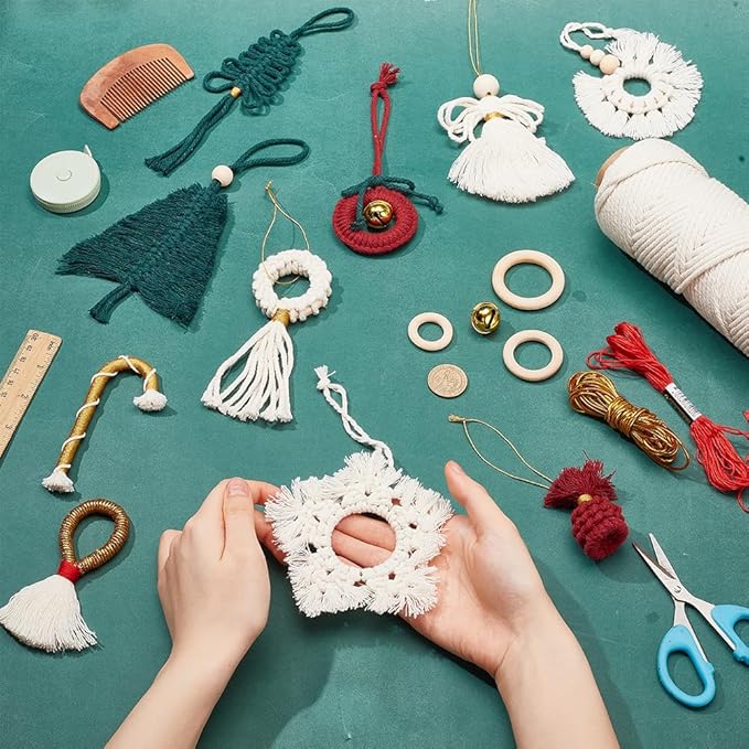 FREEBLOSS 10 Set DIY Macrame Christmas Oranments Macrame Xmas Gnomes Macrame Christmas Tree Macrame Hanging Ornament Kit Macrame Kits for Adults Beginners Macrame Supplies for Christmas Crafts