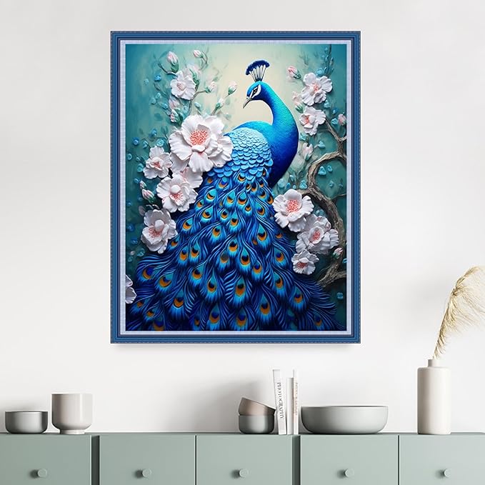 Dimensean Stamped Cross Stitch Kits Full Range of Embroidery Patterns Starter Kits for Beginners Adult DIY Cross Stitches Needlepoint Kits 11CT-Blue Peafowl 16x20 inch
