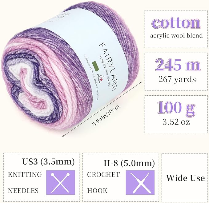 Aeelike Gradient Yarn for Crocheting, 3 Skeins Cake Yarns 100g (3.52 oz) 245m (267 Yards) # 3 Light Weight - Super Soft Ombré Fairyland Yarns for Making Colorful Crafts, Purple Gradient