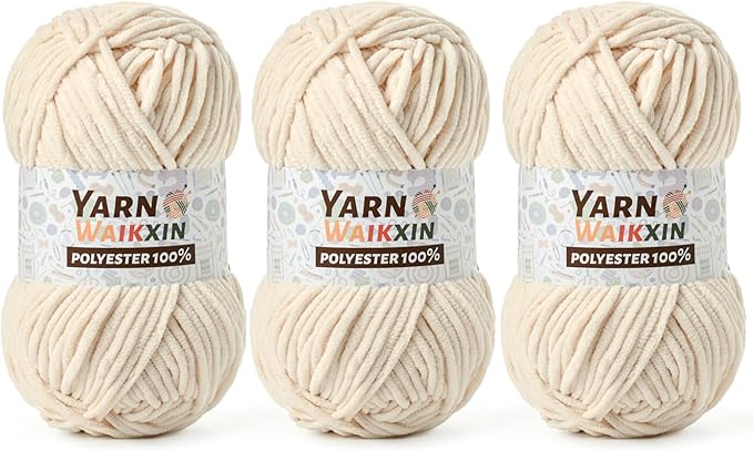 3 Pack Soft Chenille Yarn for Crocheting, Fluffy Chunky Crochet Yarn for Baby Blanket, (5.29oz/196.8yds) Fuzzy Velvet Yarn for Amigurumi&DIY Puzzle、Crafts、Scarf(3 Beige)
