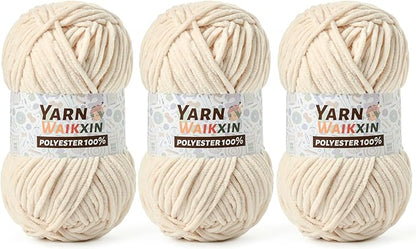 3 Pack Soft Chenille Yarn for Crocheting, Fluffy Chunky Crochet Yarn for Baby Blanket, (5.29oz/196.8yds) Fuzzy Velvet Yarn for Amigurumi&DIY Puzzle、Crafts、Scarf(3 Beige)