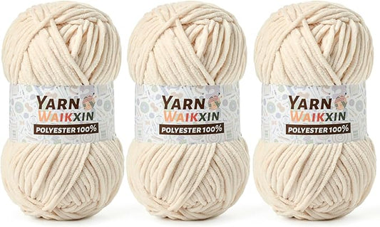 3 Pack Soft Chenille Yarn for Crocheting, Fluffy Chunky Crochet Yarn for Baby Blanket, (5.29oz/196.8yds) Fuzzy Velvet Yarn for Amigurumi&DIY Puzzle、Crafts、Scarf(3 Beige)