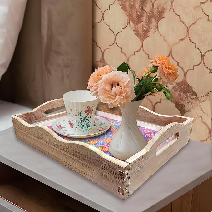 Generic DIY Art Painting Wooden Tray Kit, Food Tray with Handle Diamond Painted Table Decoration Tray, for Breakfast, Bar Dinner Table Diamond Dots Gem Painting Art Set for Beginners (#02-Mandala)
