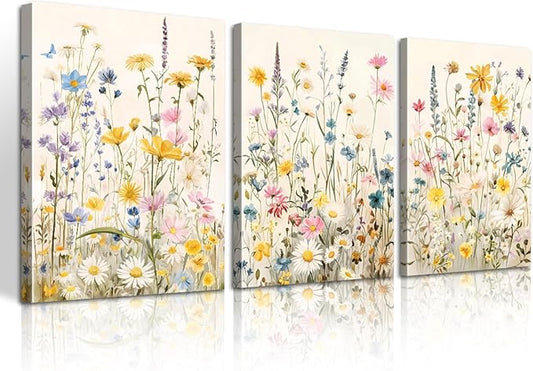 WENGTIAO 3Pcs Framed Colorful Wildflower Canvas Wall Art, Yellow Watercolors Flowers Wall Pictures Floral Canvas Prints Wall Decor Paintings for Living Room Girls Bedroom Ready to Hang 12"x16"x3