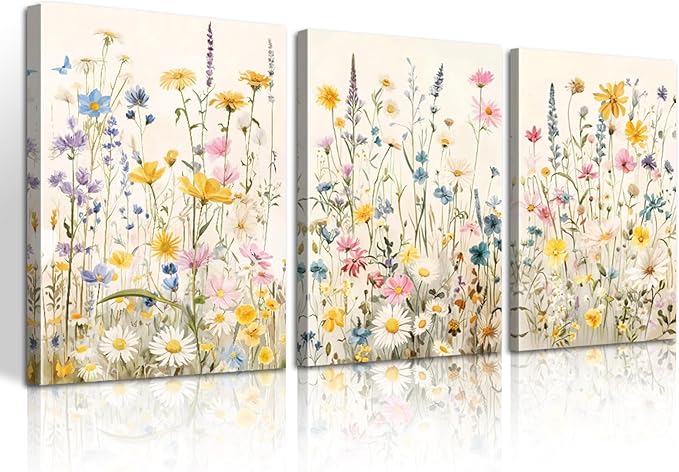 WENGTIAO 3Pcs Framed Colorful Wildflower Canvas Wall Art, Yellow Watercolors Flowers Wall Pictures Floral Canvas Prints Wall Decor Paintings for Living Room Girls Bedroom Ready to Hang 20"x28"x3