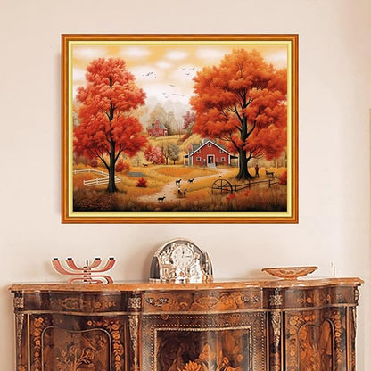 DMCVIVR Stamped Cross Stitch Kits for Beginners Adults Needlepoint Kits for Beginners Embroidery Kits for Adults Crossstitch Kit for Beginners 11CT-Autumnal Scenery 16x20 inch