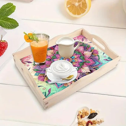 DoxQcs DIY Diamond Art Wooden Tray Kit Easter Food Tray with Handle Diamond Painted Table Decoration Tray for Breakfast Bar Dinner Table Diamond Art Painting for Beginners-#18-Mandala
