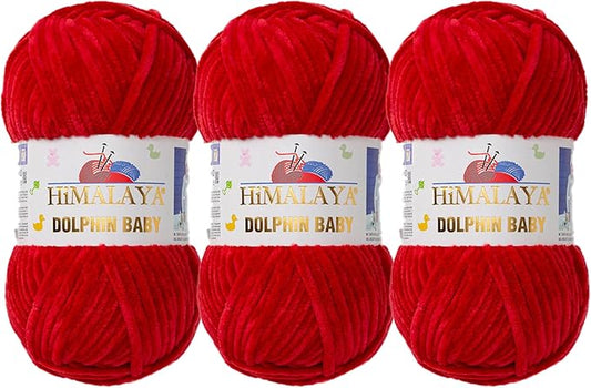 3 Skein/Pack Himalaya Dolphin Baby Chenille Yarn, Each Ball 100 gr (3.5 oz), 120 m (132 Yards), 100% Polyester, Super Bulky Baby Blanket Velvet Amigurumi Yarn, 80352 - Crimson