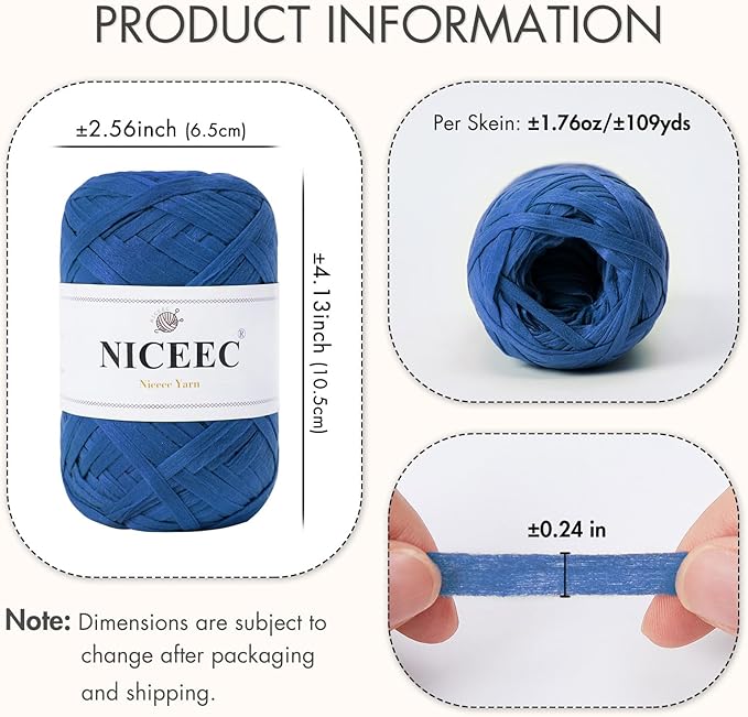 NICEEC 2 Skeins Soft Tape Yarn, Easy Crohcet Raffia, Crochet & Knitting, Paper Ribbon Yarn for DIY Craft Gift Wrapping Total Length 1.76oz×2/109yds×2 - Dark Blue