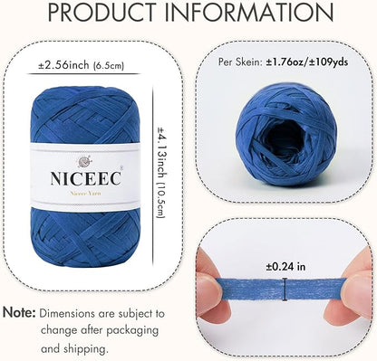 NICEEC 2 Skeins Soft Tape Yarn, Easy Crohcet Raffia, Crochet & Knitting, Paper Ribbon Yarn for DIY Craft Gift Wrapping Total Length 1.76oz×2/109yds×2 - Dark Blue