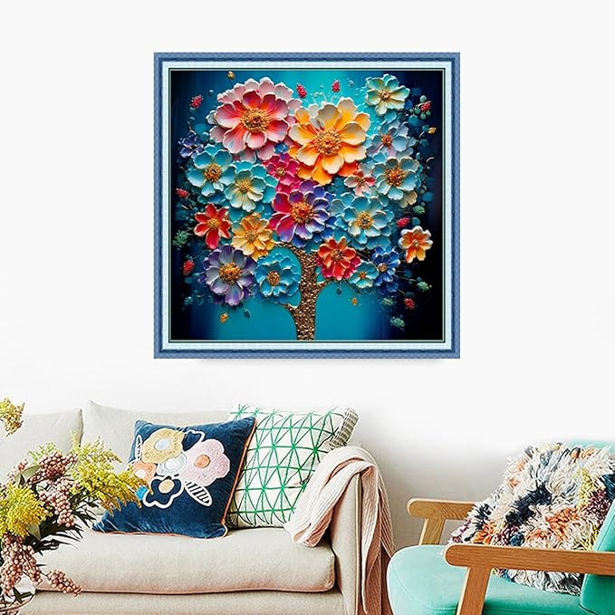 Foxdiviy Stamped Cross Stitch Kits Full Range of Embroidery Needlework Starter Kits for Beginners Adults 11CT Embroidery Patterns Art Crafts DIY Needlepoint Kits-Colorful Flowers 18x18 inch