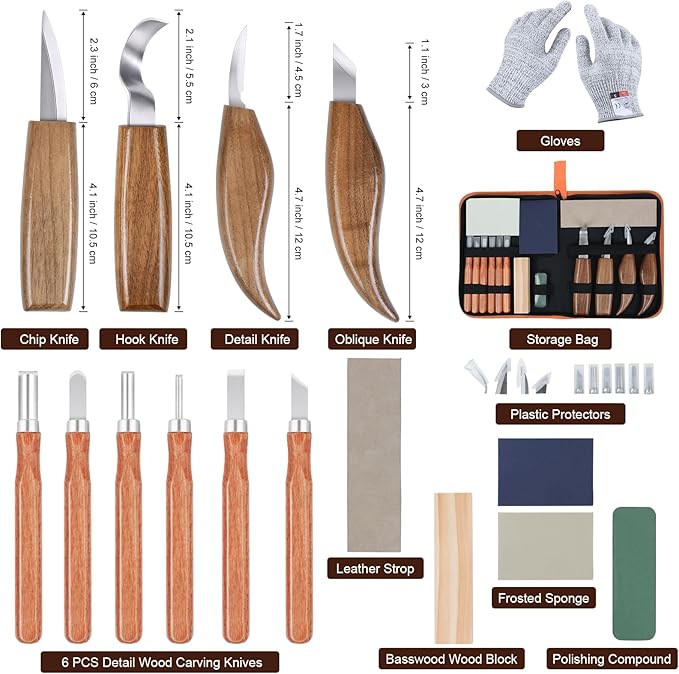 Ninonly 17Pcs Wood Carving Tools Kit - Beginner's Wood Whittling Set with 6Pcs Carbon Steel Knife, Gloves, Knife Sharpener for Spoon, Bowl, Kuksa Cup