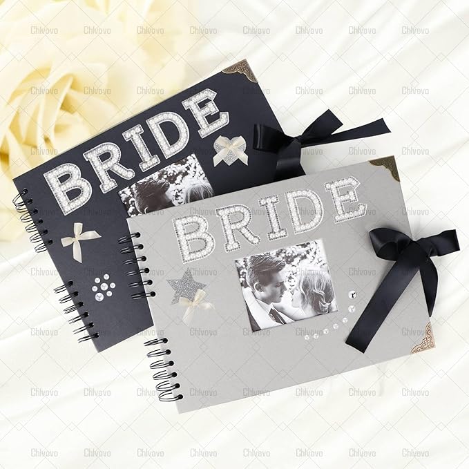 Scrapbook, 8x12 inch Wedding Scrapbook, Black DTY Guest Scrapbook Album with Pearl Stickers, Meta1 Letters and Bows, Blank Scrapbook