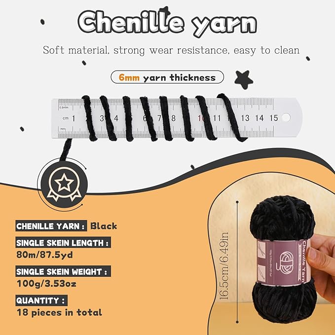 LUNARM 18 Skeins Chenille Yarn for Crocheting, Handmake Weaving Thick Soft Chunky Yarn for Blankets Clothes Crochet Craft with Crochet Hooks Needles Stitch Markers,3.53oz/Skein(Black)