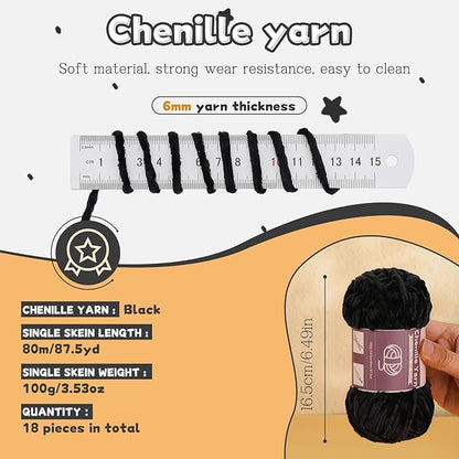 LUNARM 18 Skeins Chenille Yarn for Crocheting, Handmake Weaving Thick Soft Chunky Yarn for Blankets Clothes Crochet Craft with Crochet Hooks Needles Stitch Markers,3.53oz/Skein(Black)
