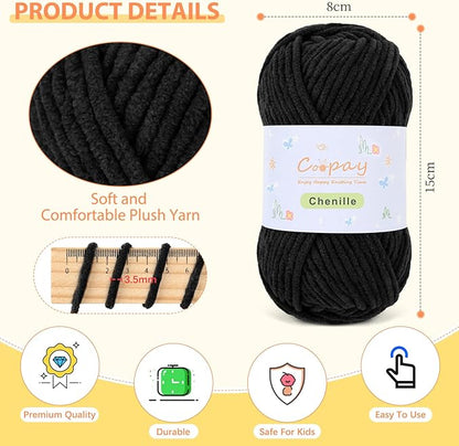 Coopay Chenille Yarn for Crocheting/Knitting, 8 Pack Medium Worsted Weight Yarn of 50g/1.76oz - Total 520yd, Soft Velvet Crochet Yarns for Plush Toys, Baby Blankets, Scarves (Black)