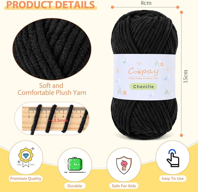 Coopay Chenille Yarn for Crocheting/Knitting, 12 Pack Medium Worsted Weight Yarn of 50g/1.76oz - Total 780yd, Soft Velvet Crochet Yarns for Plush Toys, Baby Blankets, Scarves (Black/White)