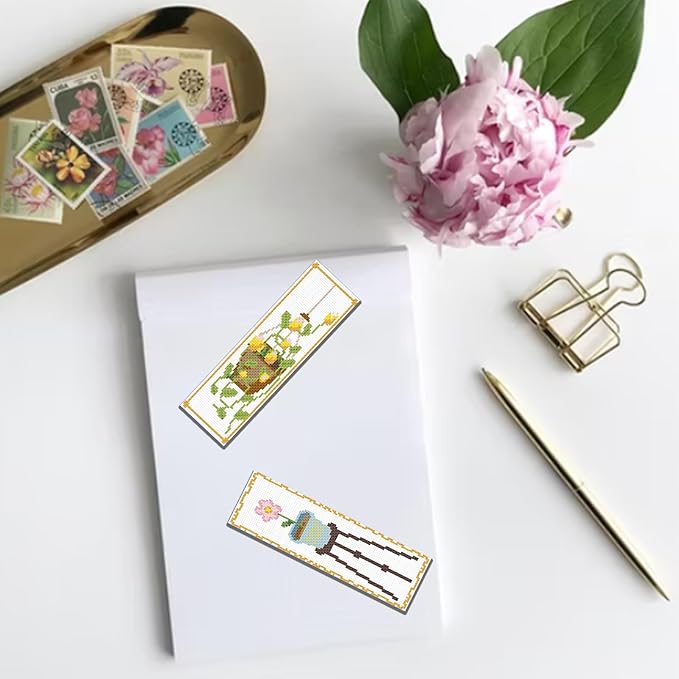 FREEBLOSS 6 Set Cross Stitch Bookmark Kit - Flowers Patterns, Stamped Embroidery Bookmark with Instruction, DIY Kit for Beginners, 8''x2.4''