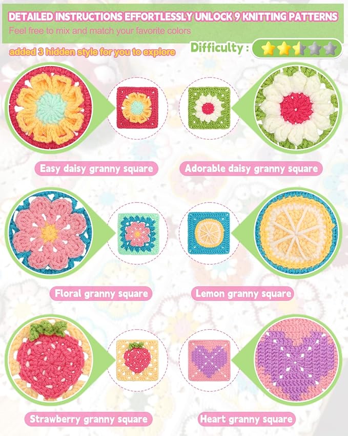 Katech Crochet Kit for Adults - Fruits & Floral Granny Square Set With Blocking Mat, Book - Advanced Beginner Learn to Crochet Granny Squares (GRP D)
