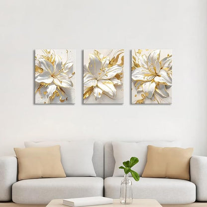 WENGTIAO 3Pcs Elegant White Lily Flowers Canvas Wall Art Boho White Floral Gold Edges Prints Pictures Paintings Beige Blossom Artwork for Living Room Bedroom Office Bathroom 12”x16 x3