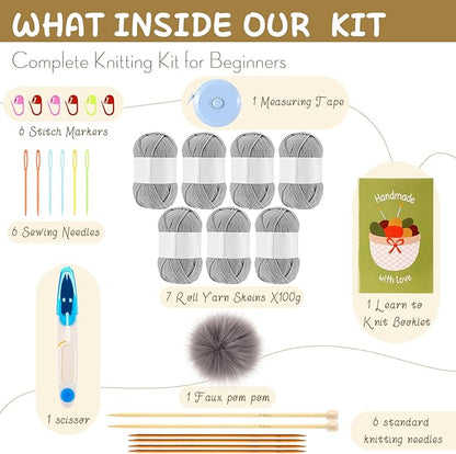 Maasechs Knitting Kit for Beginners, Learn to Knit Kit for Adults, Complete Hat, Scarf, Gloves Starter Bundle with Step-by-Step Instructions Includes Wool Yarn, Needles & Accessories (Gray)