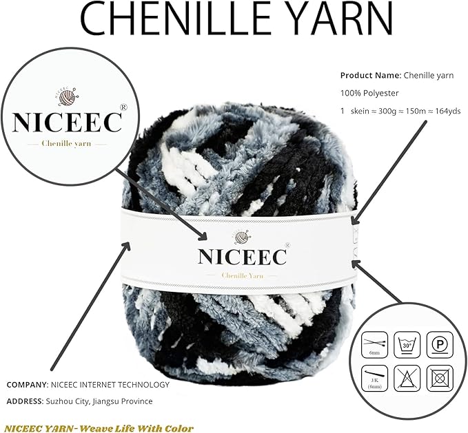 NICEEC 300g Soft Chenille Yarn Blanket Velvet Yarn for Knitting, Crochet, Weaving DIY Craft Total Length 150m (164yds)_Black White Gray