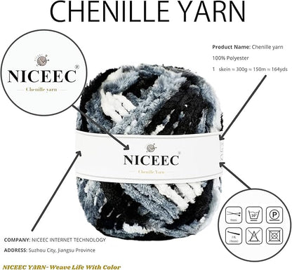 NICEEC 300g Soft Chenille Yarn Blanket Velvet Yarn for Knitting, Crochet, Weaving DIY Craft Total Length 150m (164yds)_Black White Gray